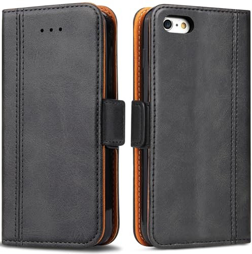 ROJIOJIO Handyhülle für iPhone 5/5S, iPhone SE 2016 Leder Handytasche Kartenfach Klappständer Magnetisch Lederhülle für iPhone 5/5S/SE 2016 Hülle, Schwarz