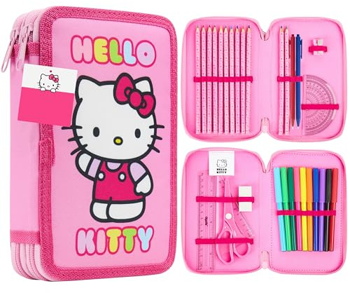 Hello Kitty Federmäppchen Mädchen Federtasche Gefüllt mit Schulsachen Buntstifte Filzstifte und Vieles Mehr Cinnamoroll Kuromi Sanrio Geschenk Idee (Mehrfarbig Hello Kitty)