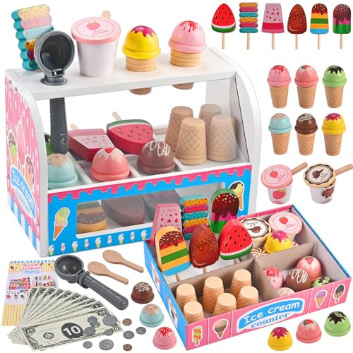 Wooderma Ice Cream Toy for Kids, 48 Pcs Wooden Ice Cream Set, Role Play Toys for 3 4 5 6 7 Year Old Girls Boys Gifts, Wooden Play Food Sets for Children Kitchen Accessories