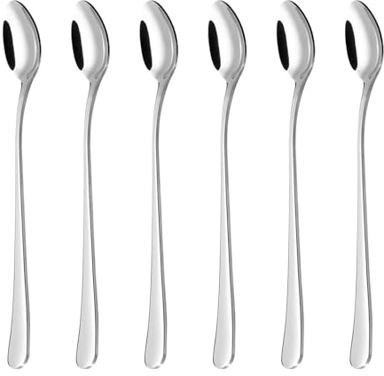 EVOKK Stainless Steel Spoons Long Handle – Durable Long Coffee Spoons for Espresso, Tea, Desserts, Ice Cream, Hot Chocolate – Elegant Long Handled Teaspoons for Home and Cafe Use (Pack of 6)
