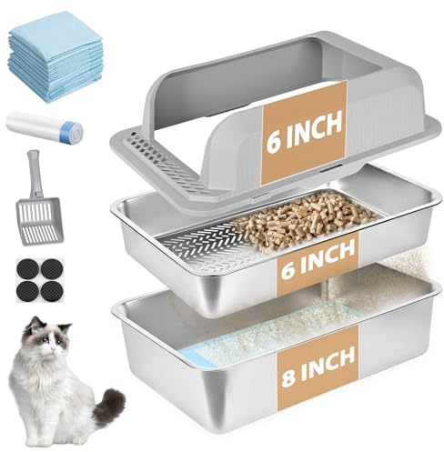 Homegroove Bac à litière en acier inoxydable pour granulés de pin, 23,6 x 15,7 x 14 pouces XXL bac à litière en métal avec couvercle pour chat intérieur tamis à granulés bac à litière avec pelle en