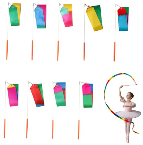 Nhgkju Lot de 10 bandes de danse avec baguette, 2 m, motif flamme, pour gymnastique rythmique, cirque et danse des enfants, poignée de 29 cm + 4,5 cm de largeur (multicolore)