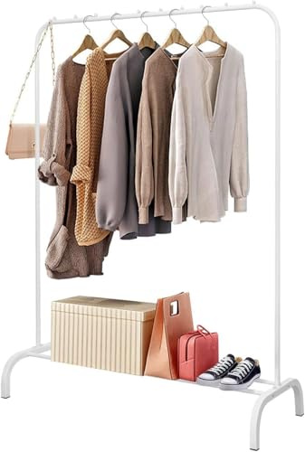 BALLSHOP Portant a Vetement,pour Chambre,110x146x40 cm,Charge 20 kg, Rangement Polyvalent,en Métal,avec Support pour à Chaussures,des Cintres Chemises,des Pantalons,des Vestes Fines (Blanc)
