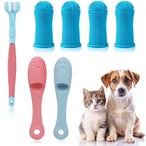 JEYORZY Lot De 7 Brosse a Dent Chien, 1 Brosses à Dents à Triple Tête, 4 Brosses à Dents Pour Doigts, 2 Brosse à Dents En Silicone, Brosse à Dents Pour Chiens Et Chats Petits, Moyens Et Grands