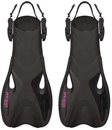 Easy Snorkel Fins For Women And Men - Adjustable Swim Fins for Snorkeling, Diving, Swimming, Body Boarding - Compact Size Flippers - Black w/Pink Logo (Small/Medium)