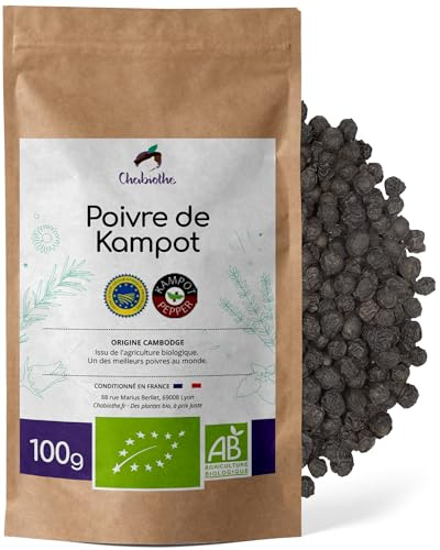 Chabiothé - Poivre noir de Kampot BIO 100g - grains entiers IGP - Origine Cambodge