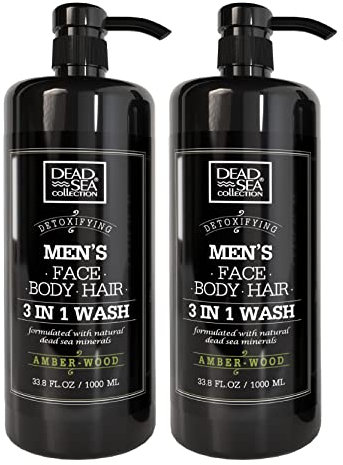 Dead Sea Collection Mens Shower Gel 3 in 1 with Amberwood Oil and Dead Sea Salt - Body Wash, Shampoo for Men, Face Wash - Pack of 2 (1000 ml. each)