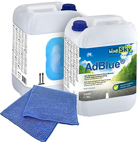 2X 10 L blueSky AdBlue® inkl. Ausgießer + Microfasertuch blau 38 x 38 cm 220 GSM