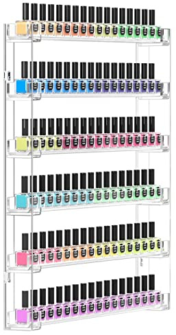 FEMELI 21 * 21 Inch Nail Polish Wall Rack, Easy to Install, Clear Acrylic Nail Polish Display Holder Organizer 6 Tier Hold Up To 90-120 Bottles