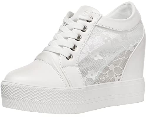 wealsex Baskets Compensées Femme PU Cuir Mesh Dentelle Sneaker | Compensées Cachées Chaussures de Tennis Loisirs Noir Blanc 35 36 37 38 39 40