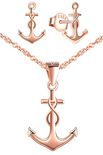 IONLY dam flickor halsband armband och örhängen, 925 silversmyckesset, ankare halsband armband örhängen, hänge armband örhängen med ankare och oändlighetssymbol, roséguld, Silver