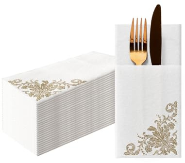 PAW Linen Feel Pocket Napkins 1/8 Fold, 25 Pack - Golden Ornament | Cloth-like Airlaid paper with a built-in cutlery pocket, Sets the table in seconds, Sturdy, Ideal for weddings and events