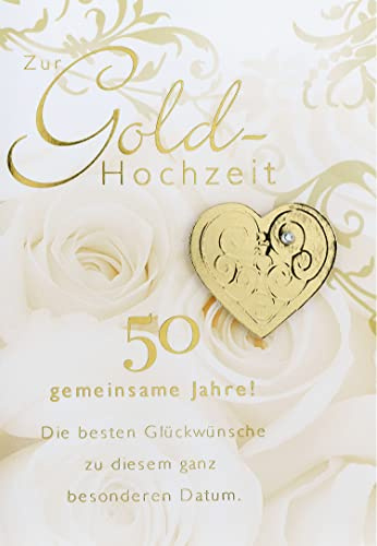 Perleberg - Tarjeta de boda dorada con corazón dorado - Felicitaciones por la boda dorada con sobre - Tarjeta de 11,6 x 16,6 cm