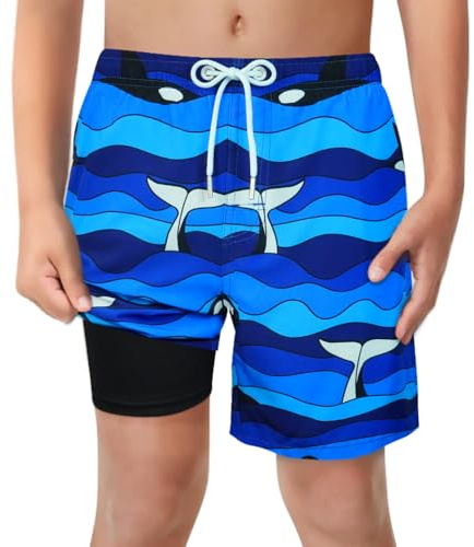 LUCOWEE Boys Blue Whale Swim Trunks with Boxer Brief Liner Anti Chafe No Mesh Swimming Shorts Compression Lined 4-Way Stretchy UPF Quick Dry Swimsuit Size 10-12