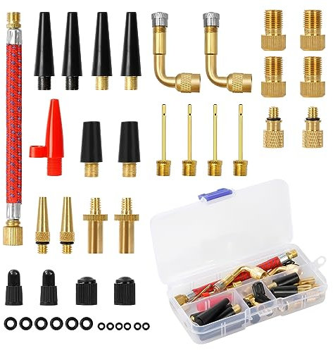 Fahrradventil Adapter Set 40 Teile, Alle Ventiladapter Fahrrad, Autoventil Adapter französisches Ventil Adapter Luftpumpe Adapter ballpumpe nadeln mit Sortierbox, Enthält Alle SV AV DV PV Extender