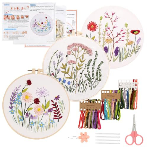 Stickerei Set Stickset für Anfänger Blumenmuster Pflanzen Kreuzstich-Kit Starter DIY Sticken Set Erwachsene Embroidery Kit mit 3 Stück Stickrahmen Farbfäden Werkzeuge für DIY Kunst Handwerk Nähen