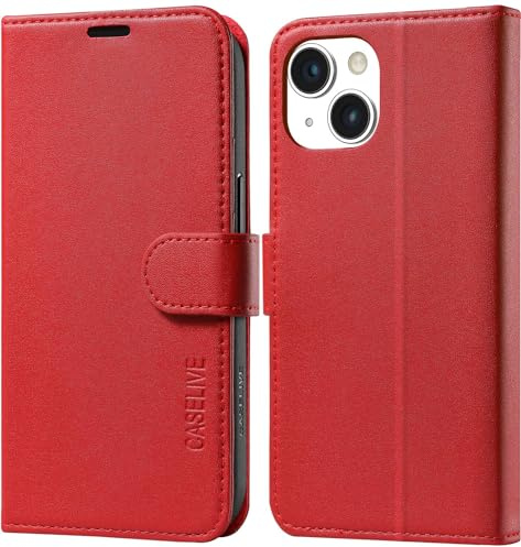 CASELIVE Wallet Case for iPhone 15 Plus, Genuine Leather Case with [Card Holder] [Screen Protector] [RFID Blocking][Shockproof TPU Shell] Kickstand Folio Cover for iPhone 15 Plus 6.7''(Dark Red)