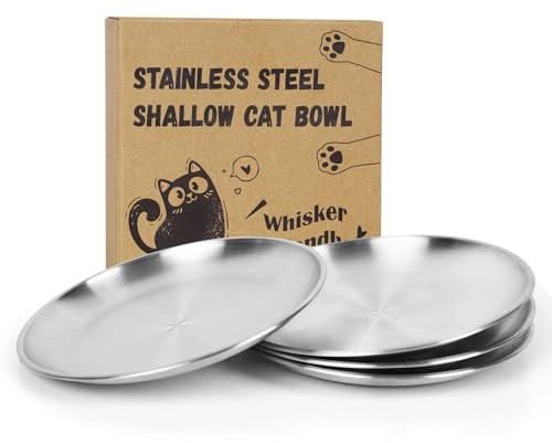 Petdream 4-Pack Stainless Steel Cat Food Bowls, Shallow Whisker-Friendly Non-Slip Silicone Base Metal Dishes, Easy to Clean Indoor Feeding Flat Plates for Cat, Kitten, Small Dog (6.7)