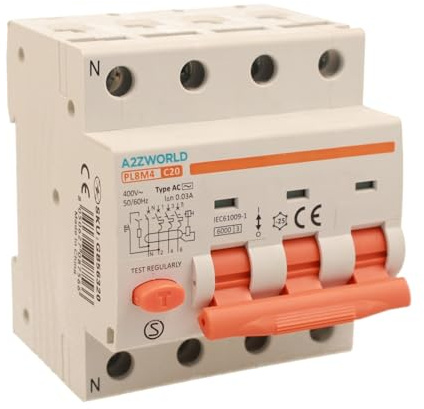 Interrupteur magnétothermique différentiel triphasé 30 mA, 3P+N 6KA 380 V, occupe 4 modules DIN, RCBO 3P+N 30 mA C20 20 A