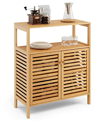 KOMFOTTEU Badrumsskåp av bambu, badrumsskåp med justerbar hylla, underskåp med 2 lamelldörrar, förvaringsskåp 64 x 27,5 x 80 cm, för vardagsrum, kök