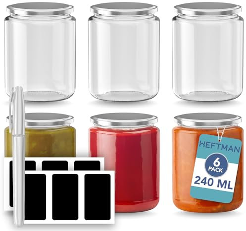 HEFTMAN Gläser mit Deckel, wiederverwendbar, transparent, mit silberfarbenen luftdichten Deckeln, Etiketten und Stift, ideal für die Aufbewahrung von Lebensmitteln, Haferflocken, Marmeladen, Chutney,