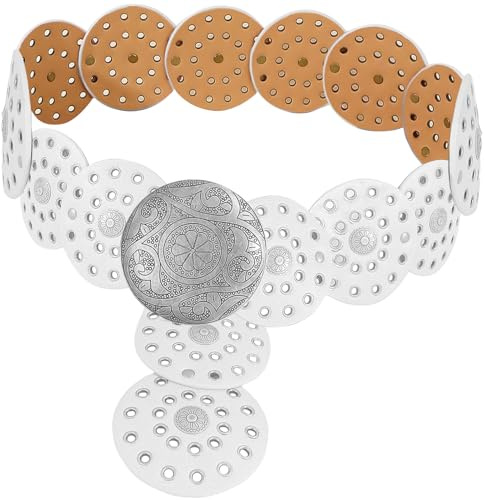 Heyjoin ihåligt brett skivbälte för kvinnor ute runt läder metall spänne bälte mjukt hållbart vintage västerländsk midjebälten, Silver vit B, M: 47.2 in/120 cm