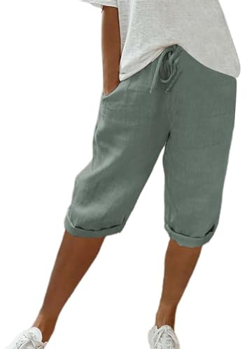 Short d'été décontracté en Coton et Lin avec Cordon de Serrage à la Taille et Poches pour Femme - Short de randonnée - Longueur Genou - Vêtement de détente Taille Haute - Pantacourt