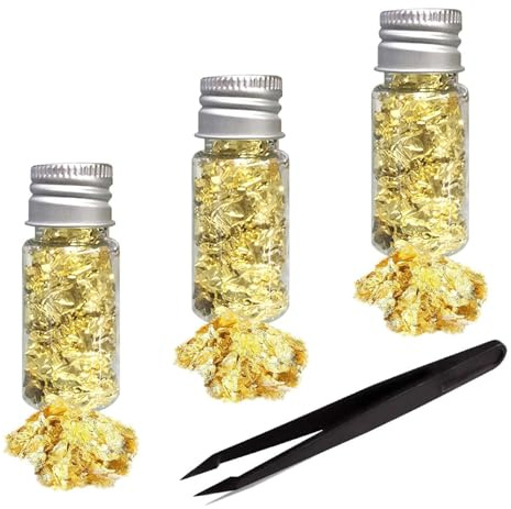 Funngy LáMina de Oro para Resina,3 Botellas Copos de Oro Lámina Decorativa Copos de Hojas MetáLicos Multifunción Papel Aluminio Dorado con Pinzas para DIY Uñas Arte Resina Manualidades Decoración