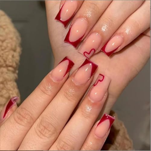 24-Piece Short Red-Tipped French Square Press-On False Nails Removable and Red Heart Design for Women Nail Art