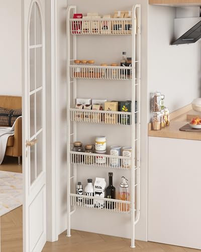 UMDONX Slim Metal Storage Shelf, 5 Tier Bathroom Organiser Rack, Kitchen Behind Door Narrow Shelving Unit (Cream White 9.5cm Width)