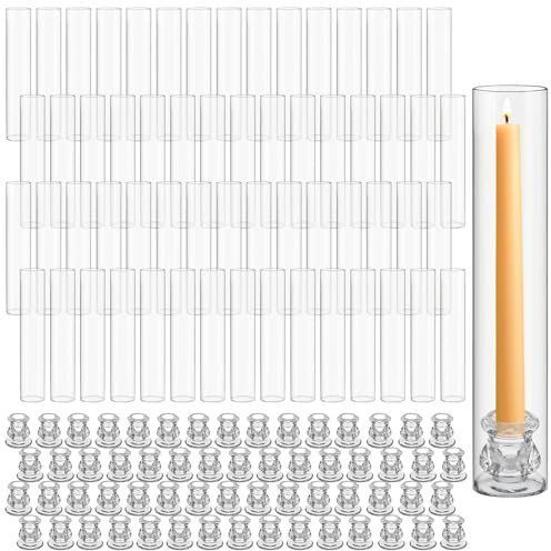 Teenyyou 60 Set Glass Hurricane Candle Holders Bulk 12.6 Open Ended Glass Candleholder Tube Shape Bottomless and 2.2 Taper Clear Candlestick Holders for Wedding Table Centerpiece (Clear)