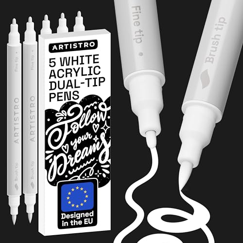 Artistro 5 rotuladores de pintura acrílica blancos de doble punta – Pincel 1–5 mm + punta fina 1 mm – Marcadores multisuperficie para tela, vidrio y más