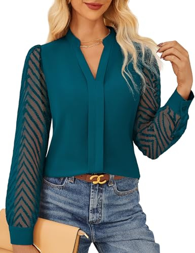 GRACE KARIN Femme Élégant Chiffon Blouse Manches Longues Bureau Basique Décontracté pour Bureau Travail Bleu-Vert M