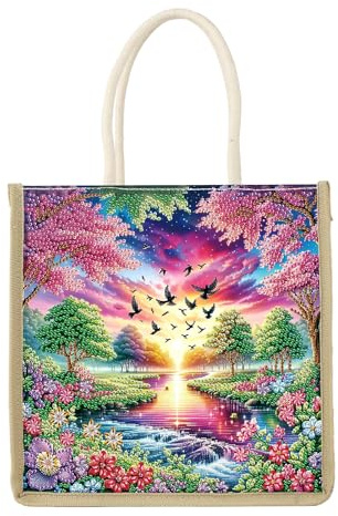 TDFERAN Diamond handväska 26x26 cm shoppingväska axelväska diamantmålning i tyg gör-det-själv present handgjord canvasväska med diamantmålning landskap rosa grön