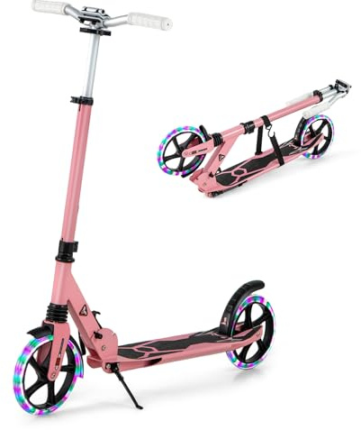 COSTWAY Folding Kick Scooter, Light Up Scooter with 200mm Large Wheels, Rear Foot Brake and Carrying Strap, Height Adjustable Scooters for Age 8+ Kids Teens Adults (Pink)