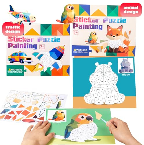 DOWNDRIFT Livre d'autocollants pour enfants à partir de 4 à 8, coller par numéros à coller, 32 autocollants de transport et d'animaux Wow Number, livret d'autocollants pour enfants pour améliorer
