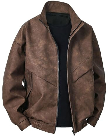 Giacca in Pelle Uomo Marrone Oversize Giubbotto Tinta Unita Comoda Coat con Tasche Slim Fit Antivento Autunno Inverno Jacket Regular Fit Cappotti Maniche Lunghe Giacche da Pilota Giacca Basic