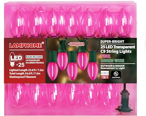 LAMPHOME Outdoor Valentine's Day Lights 25FT C9 Vintage Christmas String Lights with 25LED, Hanging C9 Pink String Lights for Christmas Garden Patio Backyard Party Decor, Green Wire