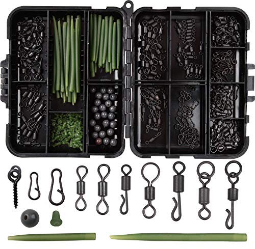 SHADDOCK 300pcs Carp Fishing Swivel Snaps Kit Mixed Various Matte Black Quick Change Rolling Swivels Speed Links Anti-tangle Sleeves Hook Stops Beads Screws Rigs with Tackle Box
