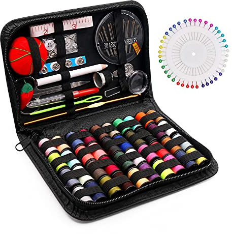 SumDirect Premium Sewing Supplies Kit, 129 Pcs Professional Sewing Kit with Case, Travel Sewing Set with Scissors, Threads, Needles Etc for Beginner, Traveller, Adults, DIY and Emergency Use (Small)