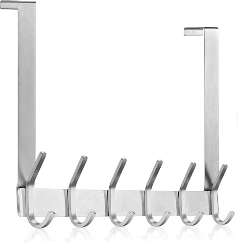 MEIJO Appendiabiti Da Porta, Ganci Porta In Acciaio Inox Con 6 Ganci, Attaccapanni Da Porta Per Cucina Ufficio Bagno (Argento, spessore 4,5 cm)