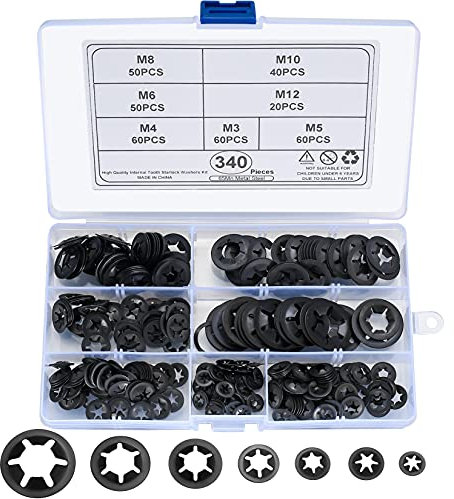 340 Pcs Starlock Washers, Internal Tooth Quick Speed Locking Washer, Push On Speed Clips Fasteners Starlock Washers Assortment Kit - 65Mn, Black, M3/M4/M5/M6/M8/M10/M12