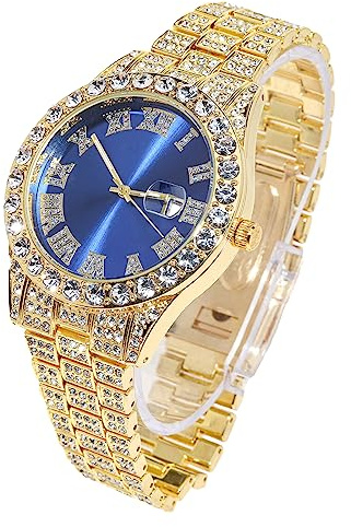 HALUKAKAH Diamante Reloj de Oro Iced out,Hombre Chapado en Oro Real de 18k Cuarzo Pulsera 24cm Esfera Azul,Viene con Caja de Regalo