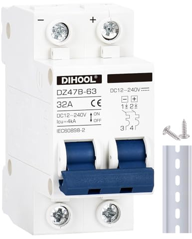 DIHOOL DC Schalter 12V-240V, 2-polig, 32 A, Gleichstrom-Schutzschalter, Solar PV Leistungsschalter, Photovoltaik Sicherungsautomat