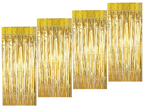 Lametta Vorhänge Gold Glitzer,Metallische Glitzervorhang Fringe Glitzer Tinsel Curtain Folienfransen Vorhang für Partydekor Geburtstags Weihnachten Karneval deko Faschingsdeko (4 Stück,1m x 2m )