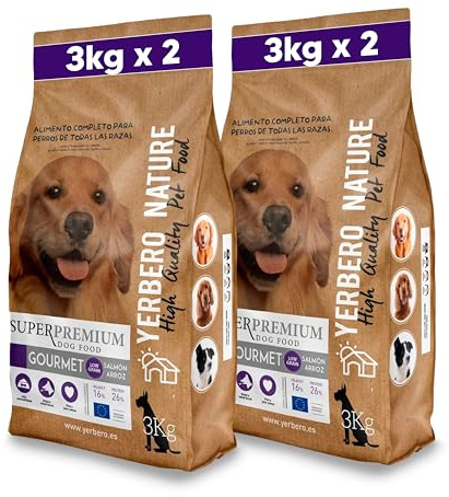 Yerbero Nature Gourmet, Pienso Hipoalergénico para Perros, Alimento Monoproteico de Salmón, Sin Pollo, con Arroz, Sin Gluten, Low Grain Pack 2 de 3 Kilos
