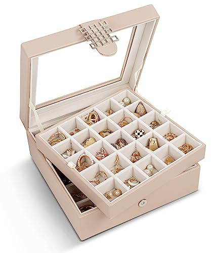 Glenor Co Earring Organizer - Classic 50 Section Jewelry Box/Case/Holder for Earrings, Rings, Necklaces, Jewelry, Cufflinks or Collections -2 Layer Small Compartments with Large Glass Top - Sand
