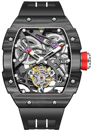 Haofa Tourbillon Mechanische Uhr für Herren Automatische Skelettuhr Selbstaufzug Kohlefaseruhr Saphir Wasserdicht Leuchtend 72H Gangreserve Herrenuhr 1901-1 Schwarz