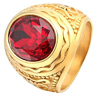 YAHOYA Anillo de Piedra roja para Hombres Anillo Redondo de Diamantes de imitación de Acero Inoxidable de Color Dorado Anillo de Moda