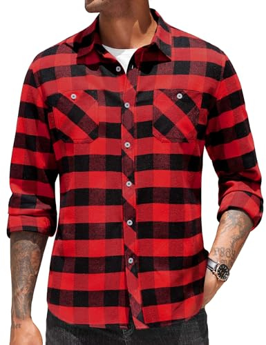 COOFANDY Camisa de Manga Larga para Hombres - Cuadros, Tradicional, Algodón, Oktoberfest - Con Bolsillo - Rojo & Negro M